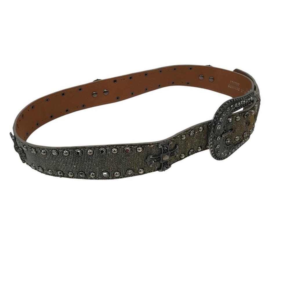 Studded Western Cowgirl Bling Cross Design Leather Belt with Ornate Buckle - Picture 3 of 6